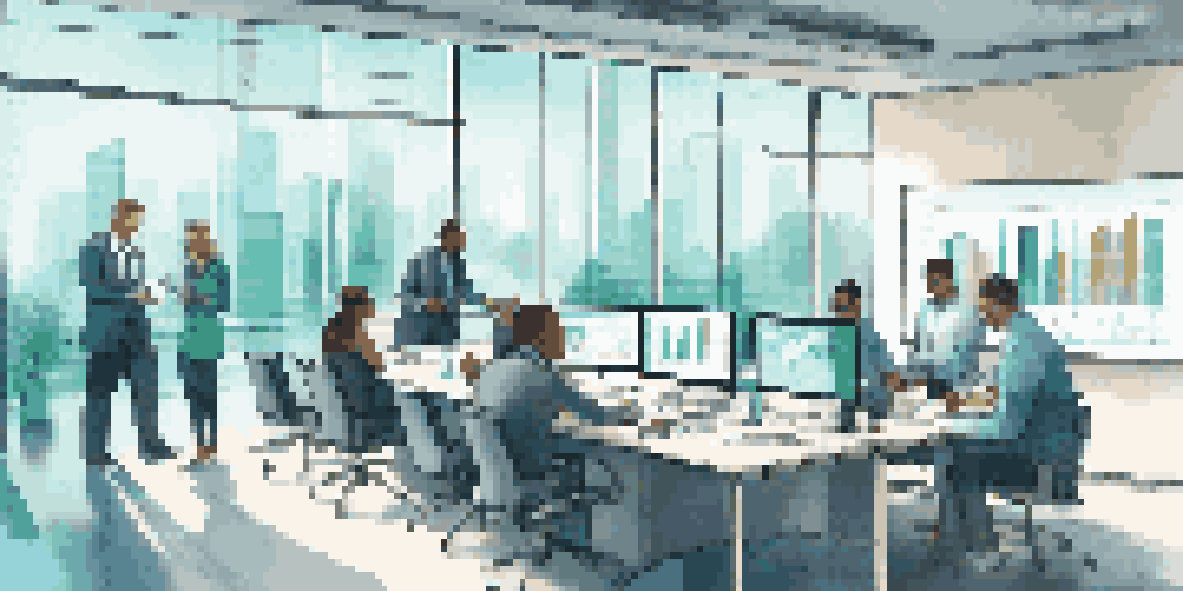 A modern office with a digital screen showing data analytics, where a diverse team discusses insights around a conference table.