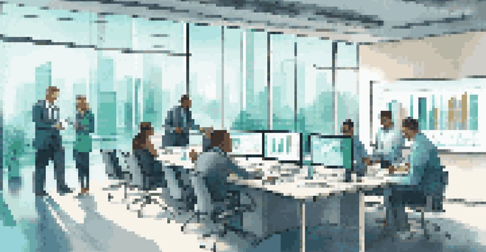 A modern office with a digital screen showing data analytics, where a diverse team discusses insights around a conference table.