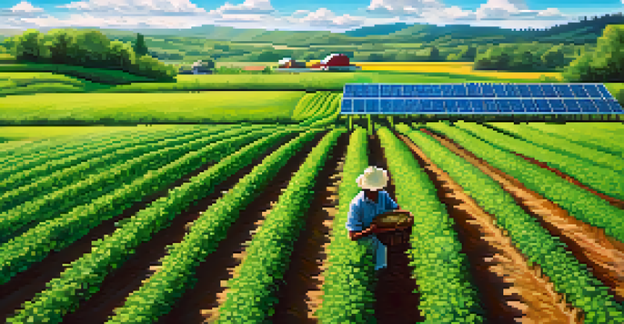 A peaceful sustainable farm with green crops, solar panels, and a farmer working in the field under a clear blue sky.