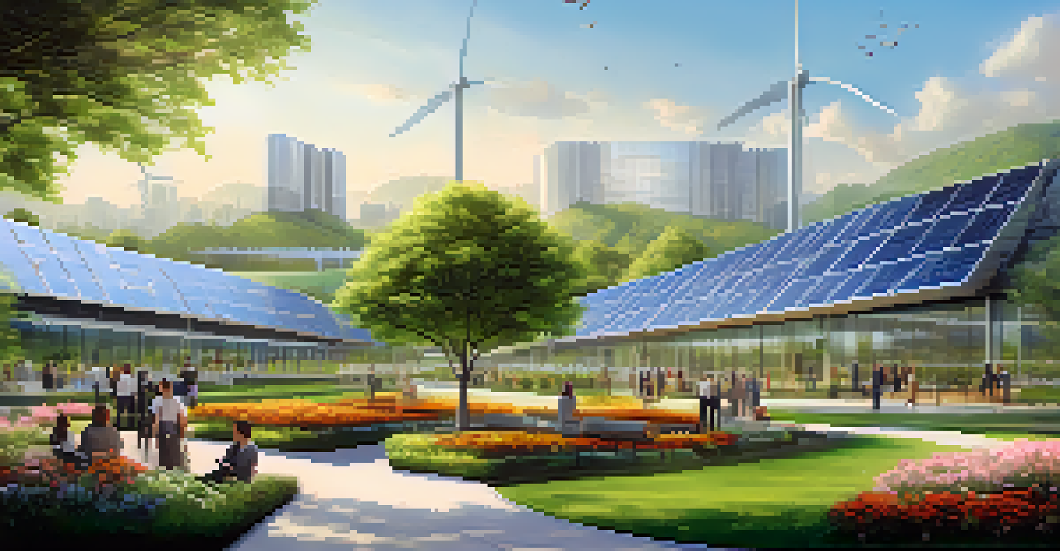 A corporate campus with renewable energy sources like solar panels and wind turbines, and employees enjoying a green space.