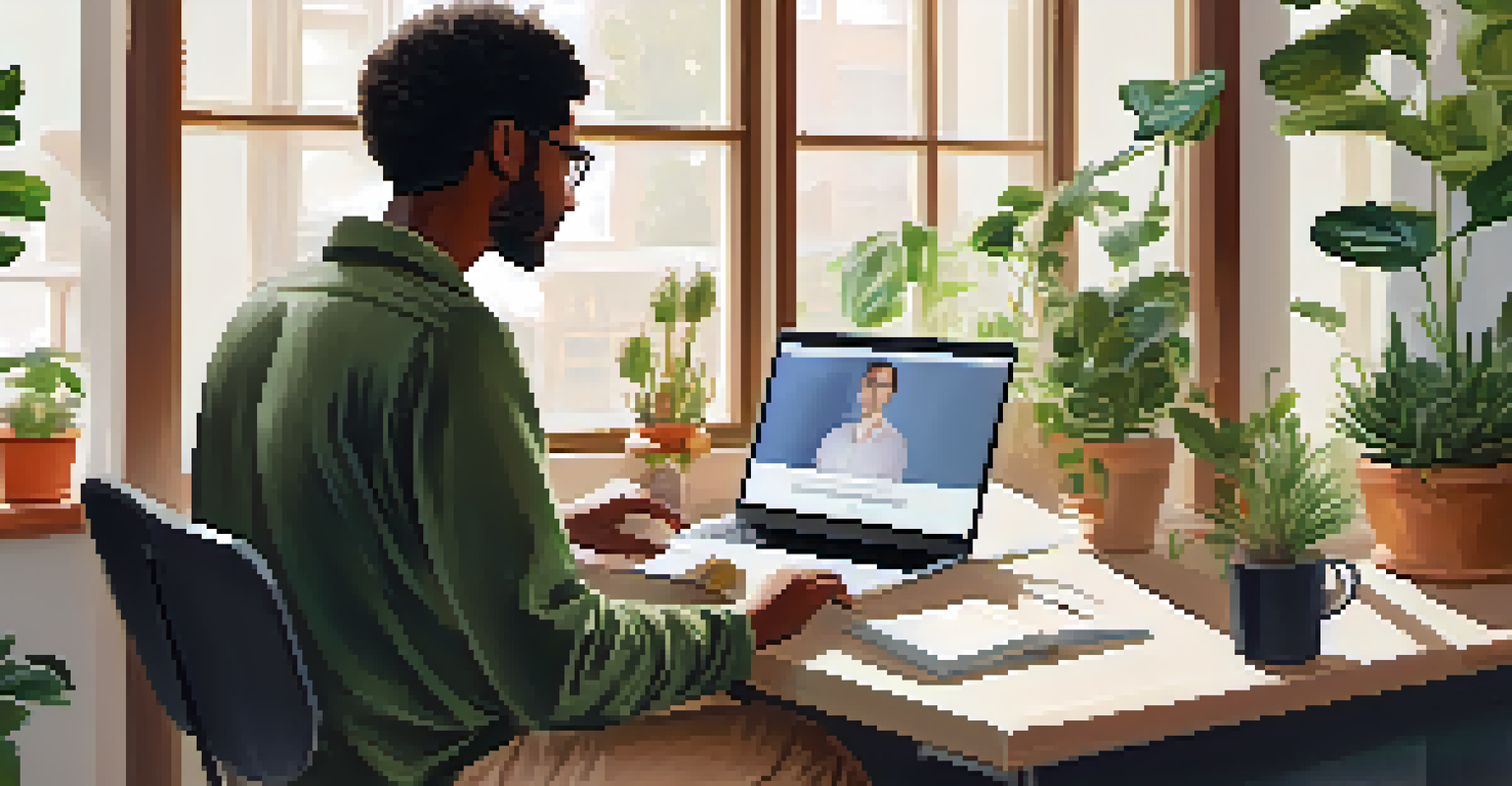 A person engaged in a video call at a desk, with plants and books in the background.