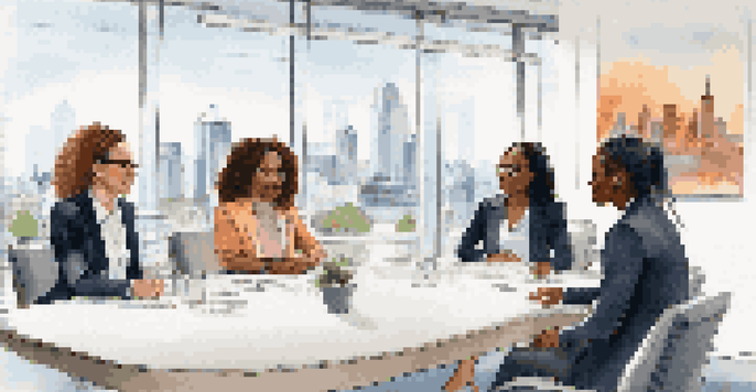 A group of diverse women in business attire engaged in discussion around a conference table, with a city skyline visible through large windows.