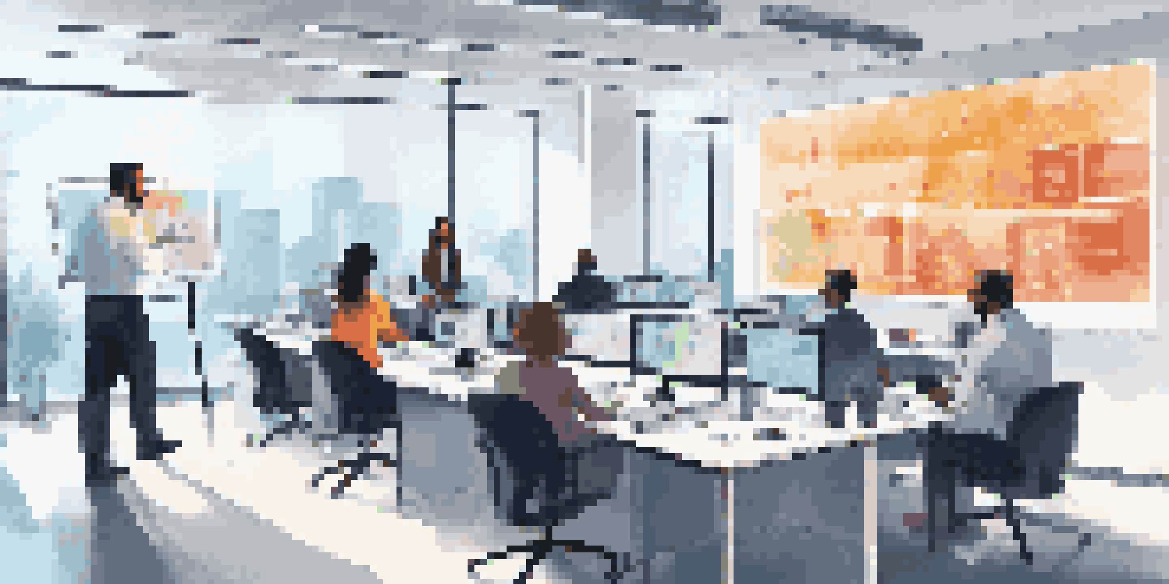 A diverse group of employees in a bright modern office attending a cybersecurity training session, with a speaker presenting information on a screen.