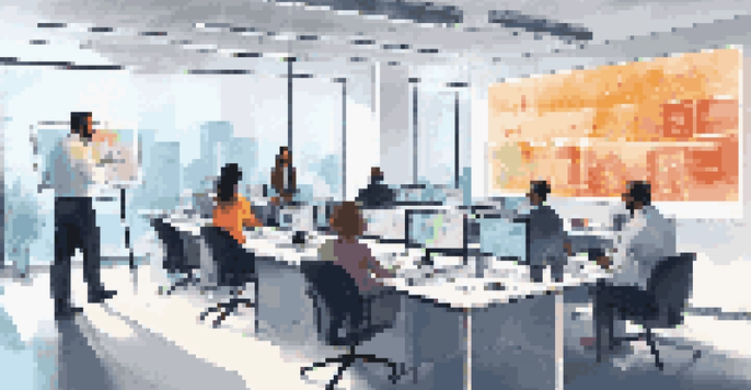 A diverse group of employees in a bright modern office attending a cybersecurity training session, with a speaker presenting information on a screen.