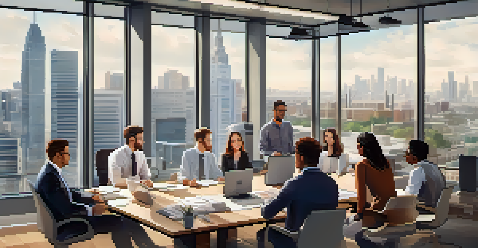 A diverse team collaborating in a modern office with a city skyline view.