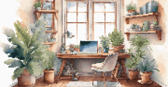 A warm and inviting home office with a wooden desk, computer, houseplants, and soft natural light coming through a window.
