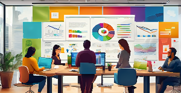 A diverse team of professionals working together in a bright office, focusing on digital marketing strategies and data visualization.