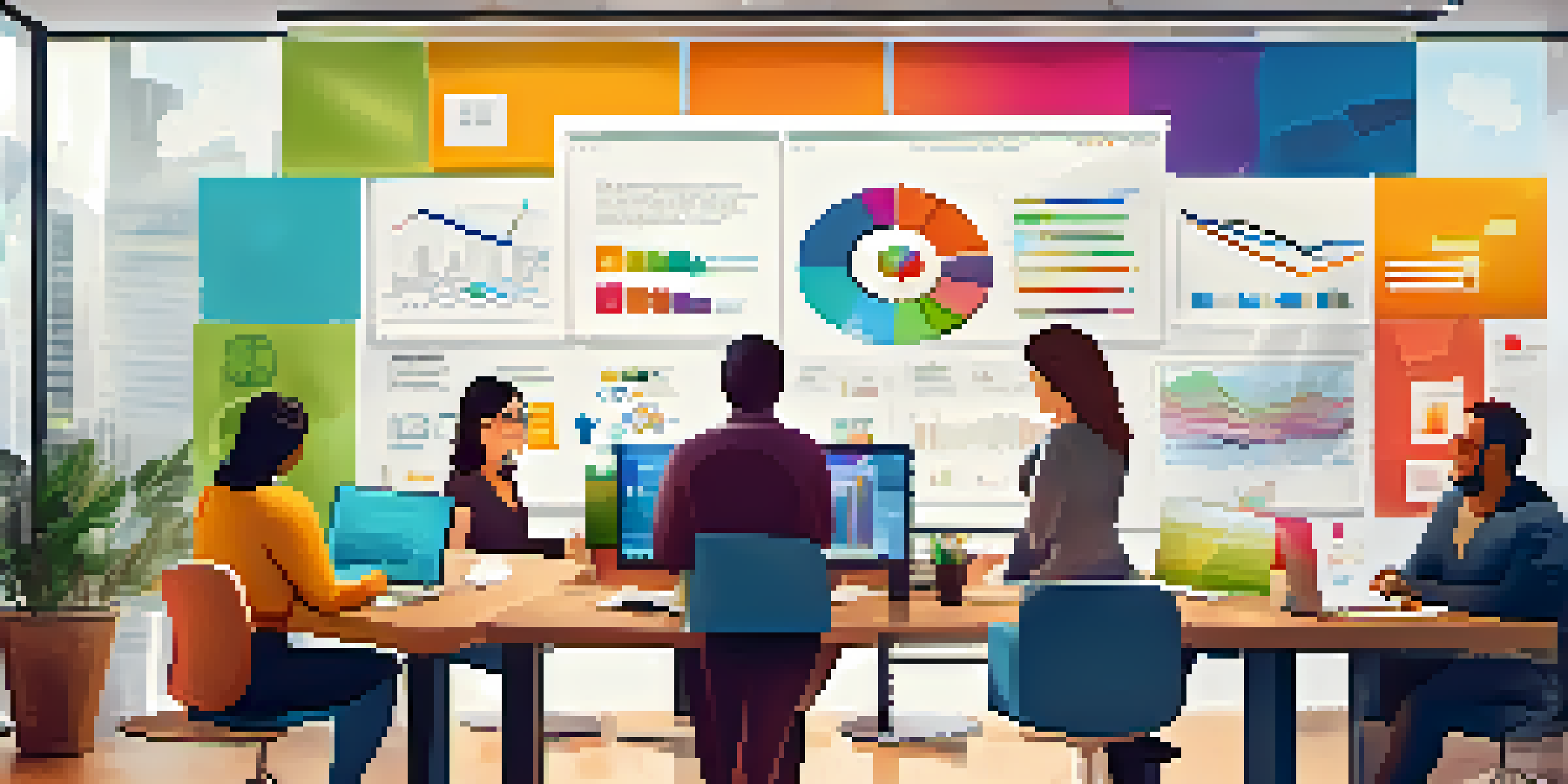 A diverse team of professionals working together in a bright office, focusing on digital marketing strategies and data visualization.