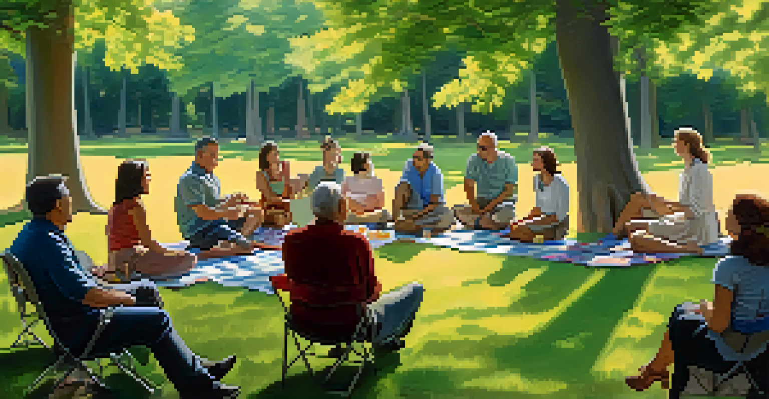A leader facilitating a team-building workshop outdoors in a park, surrounded by a small group of engaged participants sitting on picnic blankets.