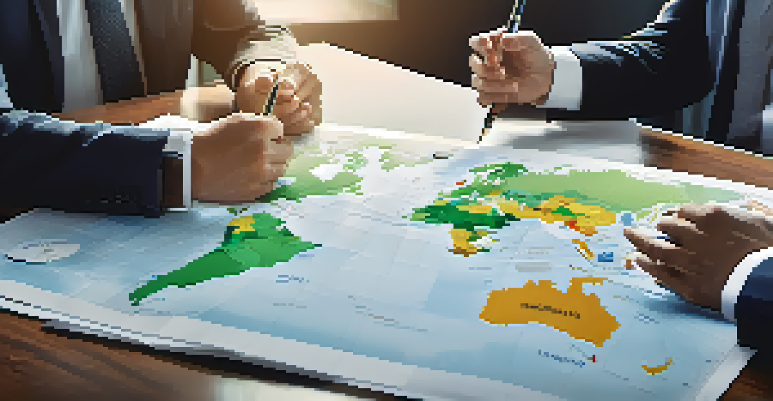 A close-up of a business meeting table with hands discussing trade agreements and documents, with a world map in the background.