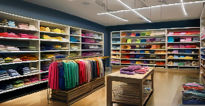 A bright and organized clothing store with customers shopping and a staff member scanning inventory.