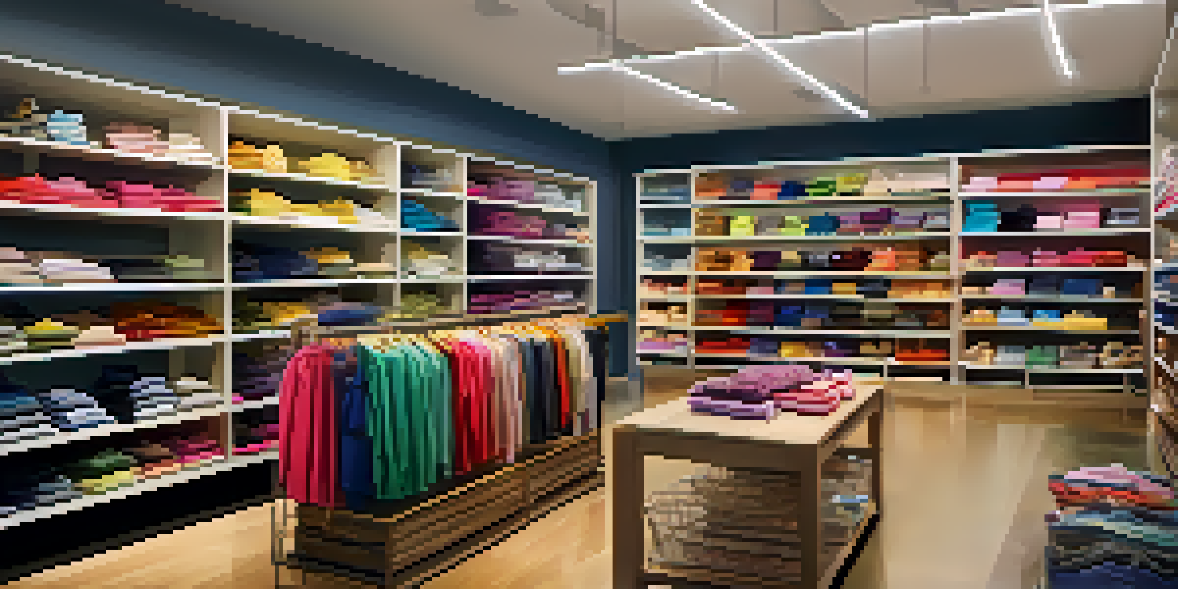A bright and organized clothing store with customers shopping and a staff member scanning inventory.