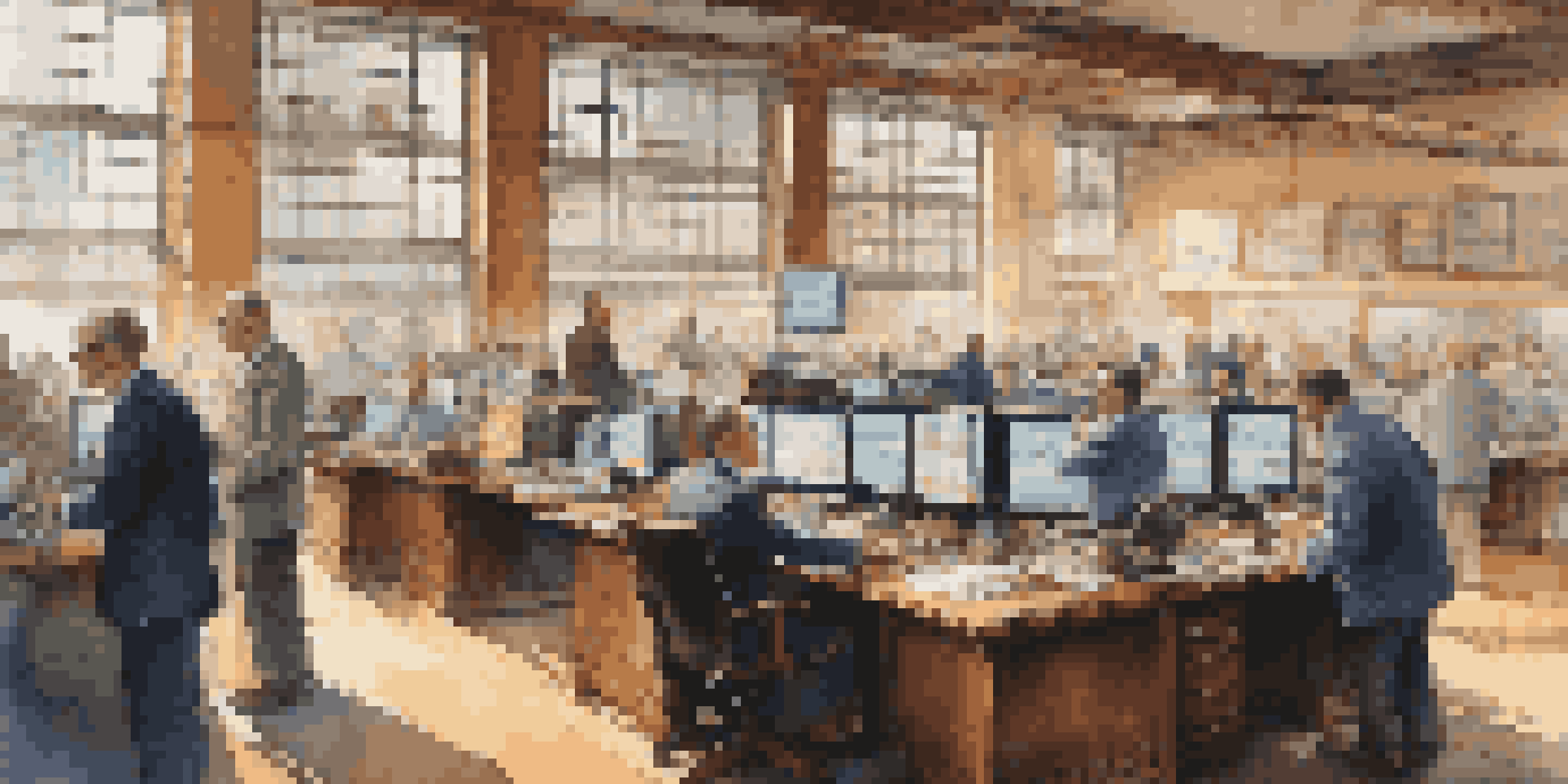 A busy financial market with traders focused on screens displaying stock charts and data, illuminated by sunlight coming through large windows.