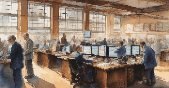 A busy financial market with traders focused on screens displaying stock charts and data, illuminated by sunlight coming through large windows.