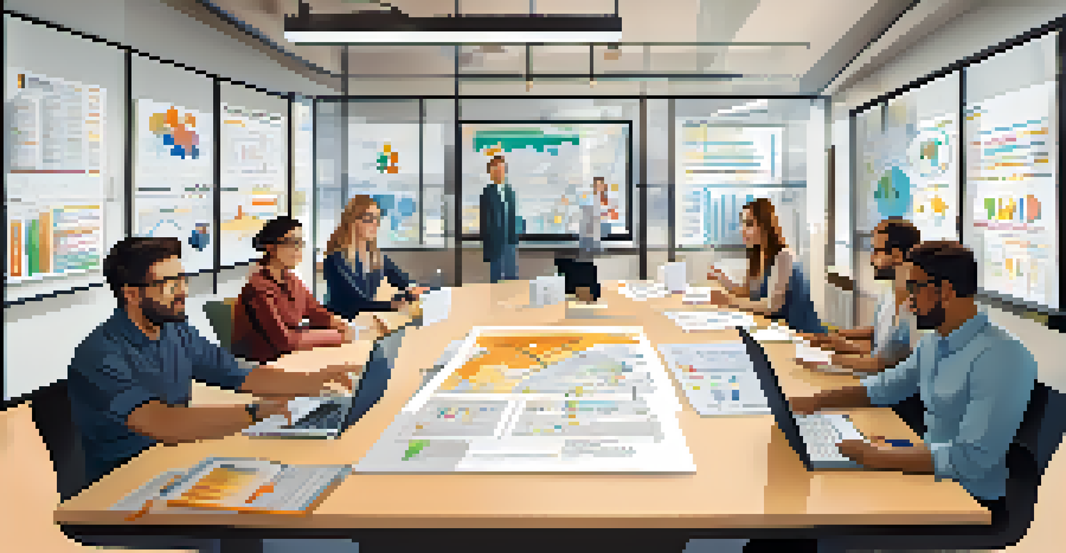 A modern workspace featuring team members brainstorming around a circular table with charts and project updates on the walls.