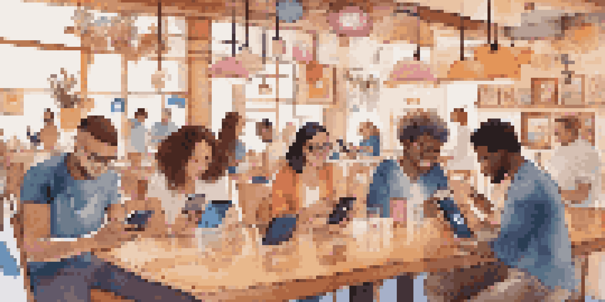A diverse group of people in a café, interacting with their smartphones, with social media icons floating around them.