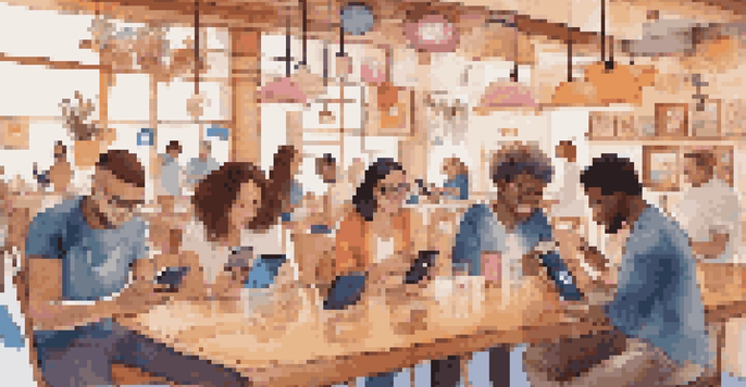 A diverse group of people in a café, interacting with their smartphones, with social media icons floating around them.