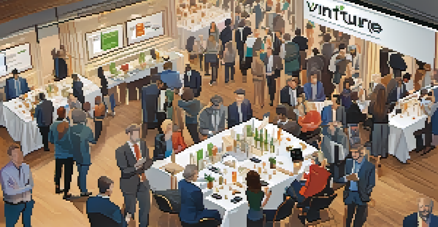 A busy networking event with startup founders and potential investors engaged in discussions.