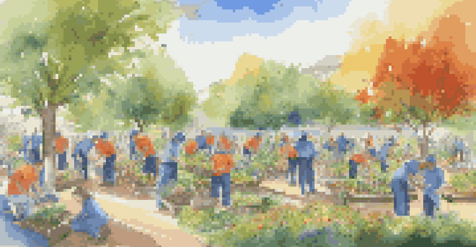 Employees volunteering in a community park, planting trees and painting benches, showcasing corporate social responsibility.