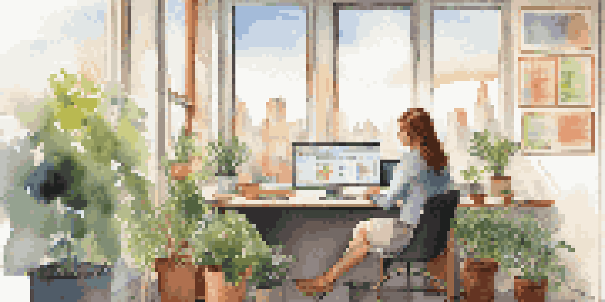 A woman in a bright office reviewing customer churn data on her laptop with a city view outside, surrounded by plants and colorful charts.