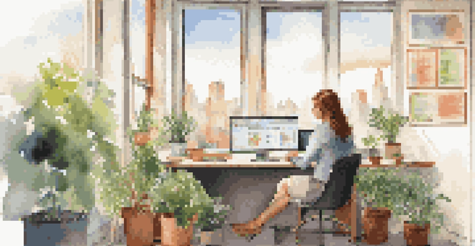 A woman in a bright office reviewing customer churn data on her laptop with a city view outside, surrounded by plants and colorful charts.