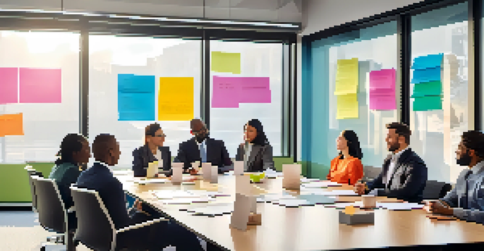 A diverse group of business leaders engaged in a brainstorming session in a modern conference room, with natural light and colorful sticky notes on a whiteboard.