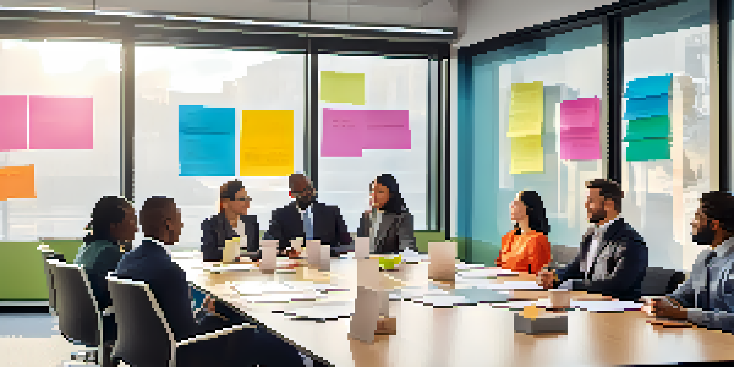 A diverse group of business leaders engaged in a brainstorming session in a modern conference room, with natural light and colorful sticky notes on a whiteboard.