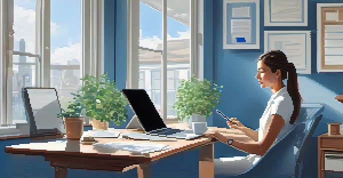 A professional woman analyzing financial data in a serene office environment with natural light and a clutter-free desk.