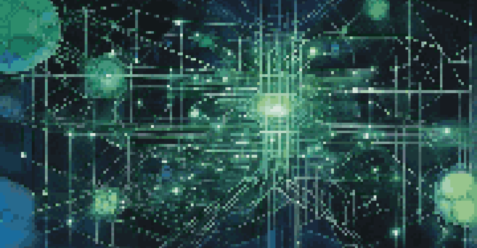 An abstract illustration of artificial intelligence with glowing nodes and circuits in blue and green against a dark background.