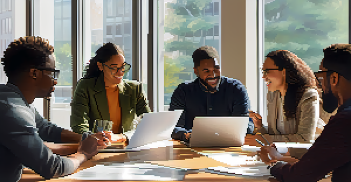 A diverse group of professionals in a conference room discussing a new project, with sunlight illuminating the space.