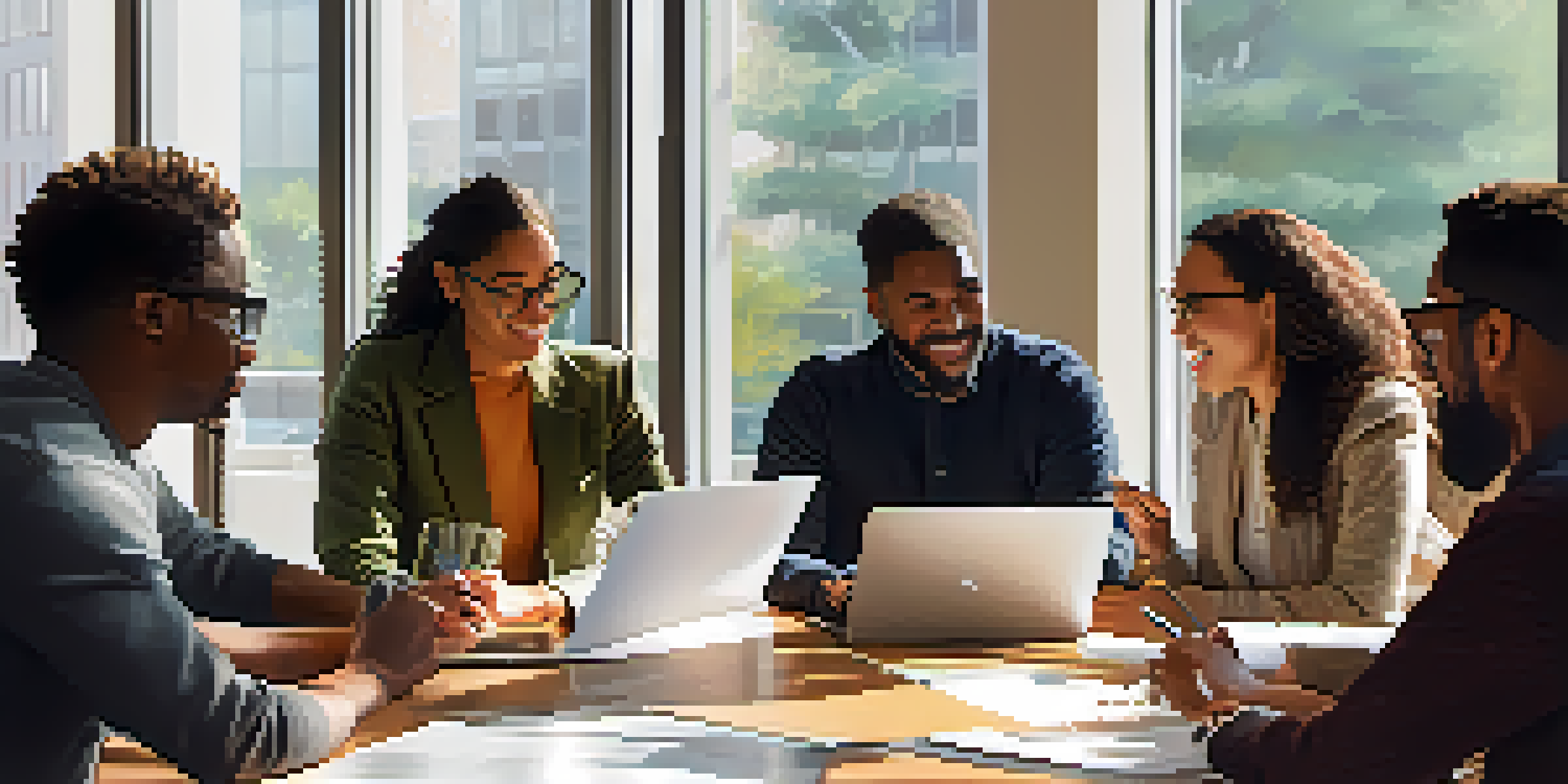 A diverse group of professionals in a conference room discussing a new project, with sunlight illuminating the space.