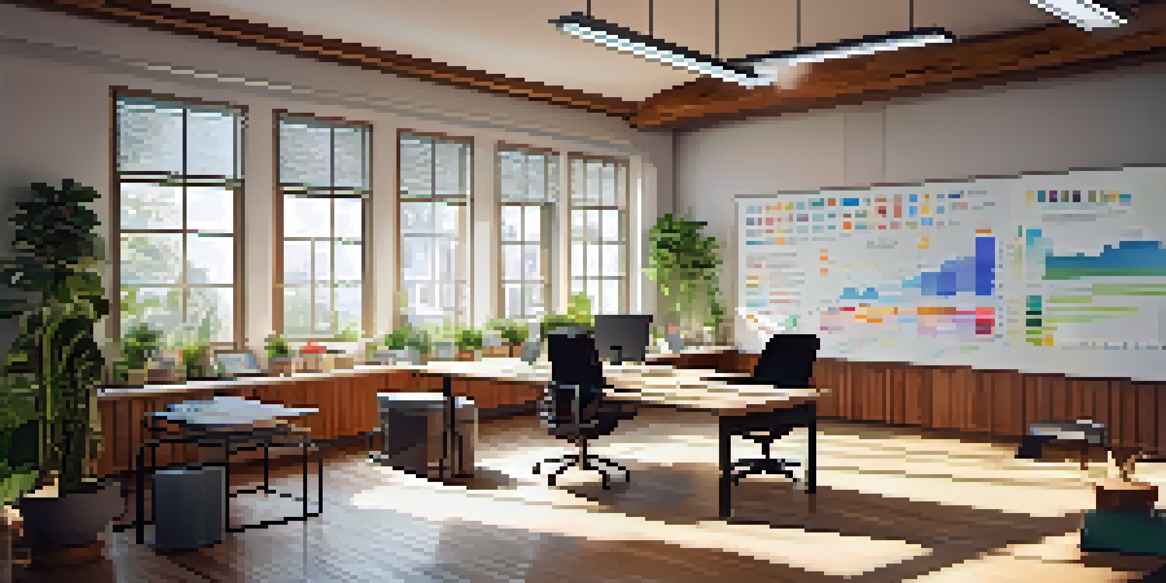 A bright office space with a wooden desk, laptop with data visualizations, and plants, illuminated by natural light.