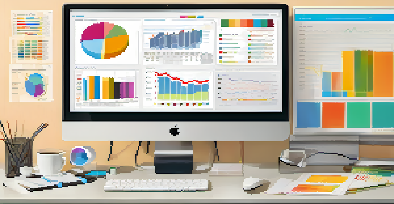 A computer screen displaying colorful graphs and charts for performance tracking tools on an organized work desk.
