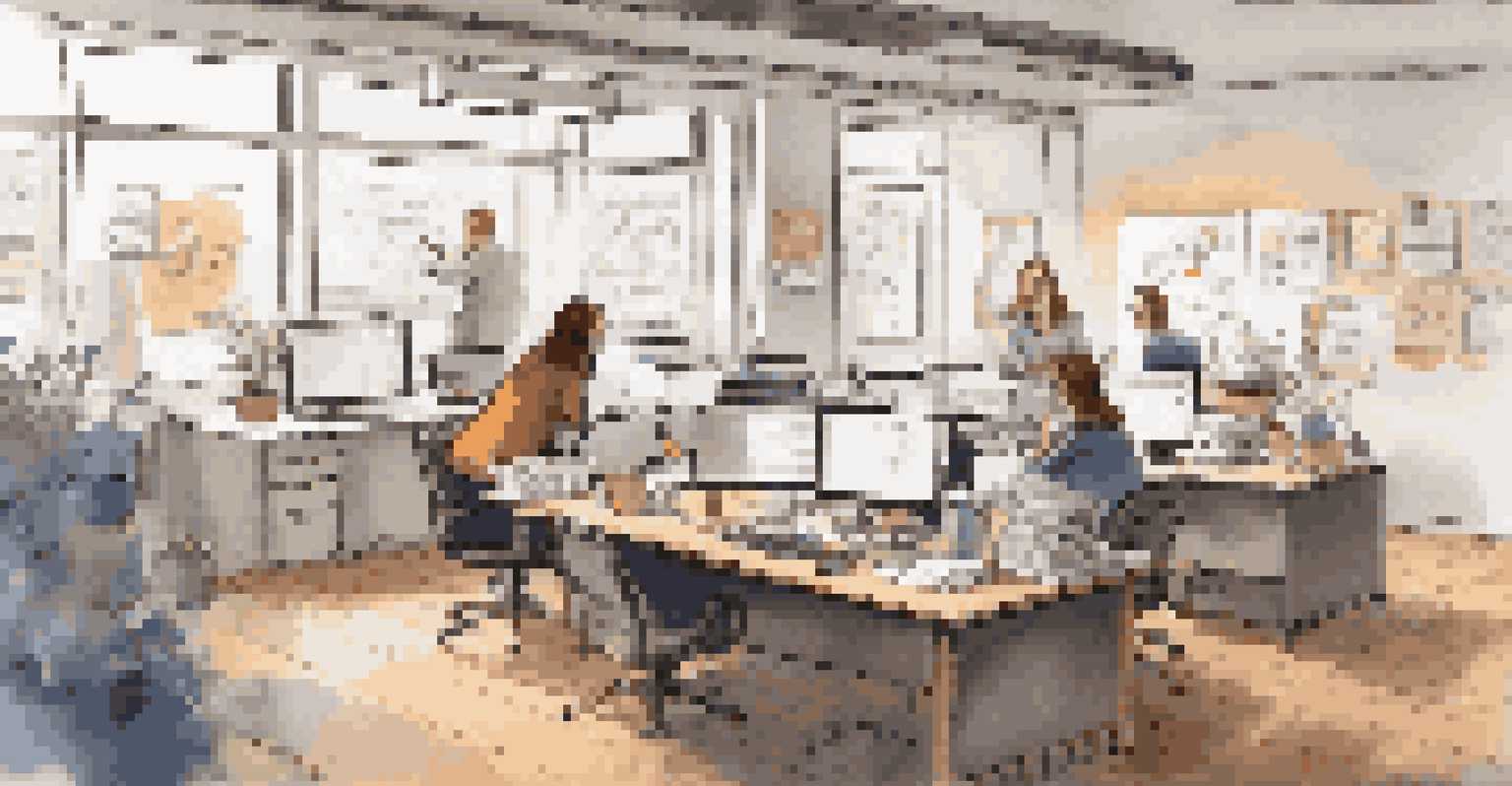 A marketer in a cozy office creating buyer personas on a laptop, surrounded by notes and sketches, with a whiteboard displaying various personas.