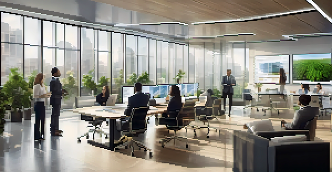 A diverse group of professionals collaborating in a modern office with natural light, discussing digital transformation strategies.