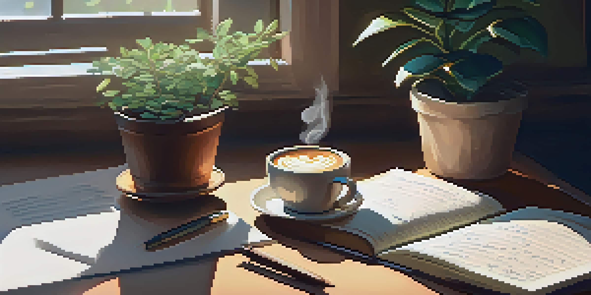A warm and inviting workspace featuring a wooden desk, a cup of coffee, and an open notebook under sunlight.