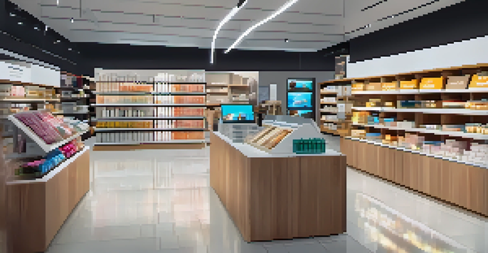 A modern retail store filled with technology, featuring screens for inventory management and augmented reality displays.