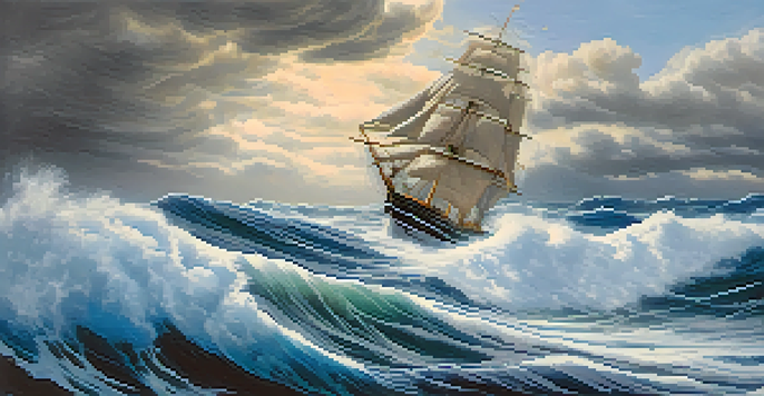 A ship with a flexible sail navigating rough waters under a dramatic sky, symbolizing agility and resilience.
