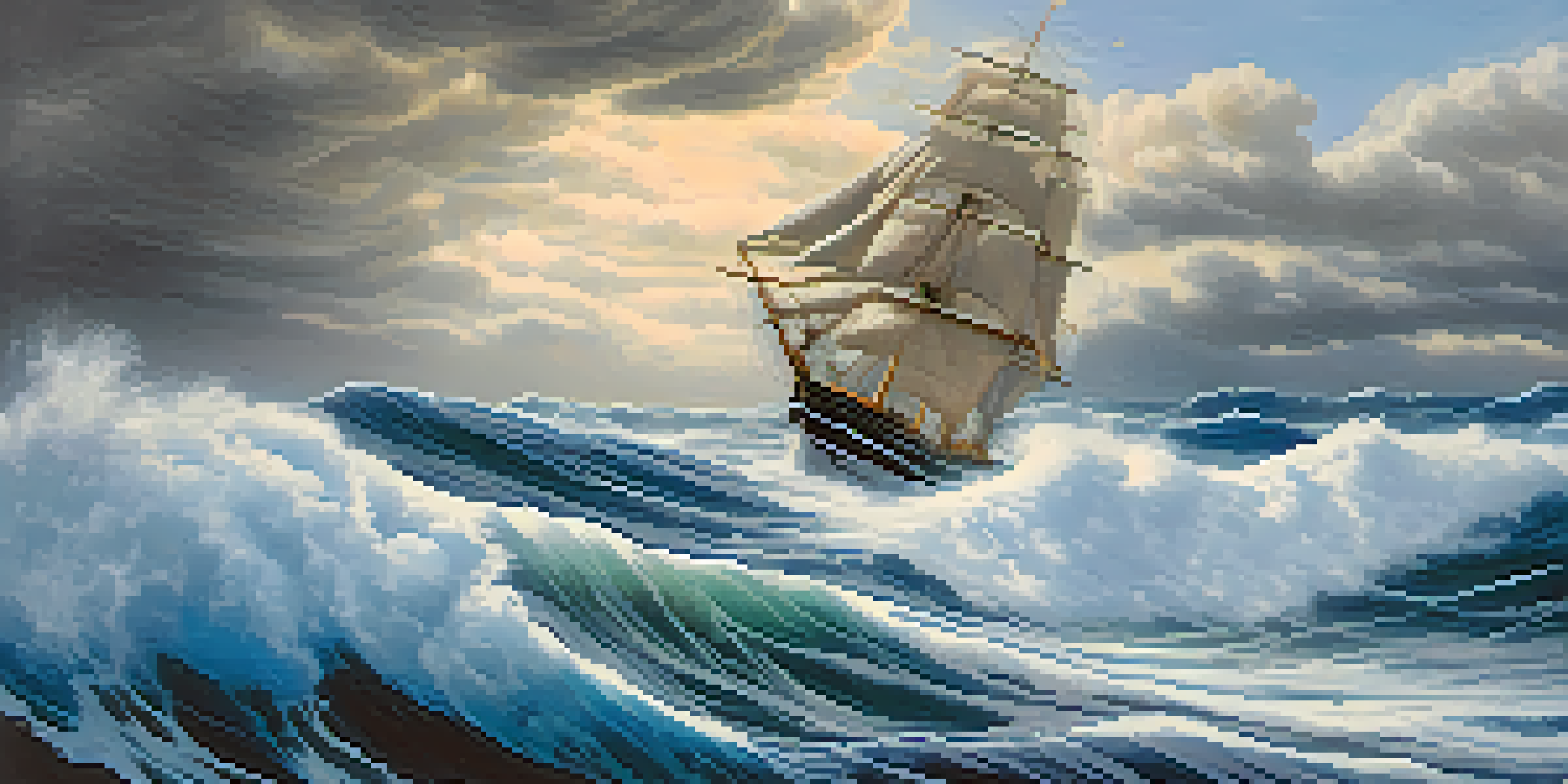 A ship with a flexible sail navigating rough waters under a dramatic sky, symbolizing agility and resilience.