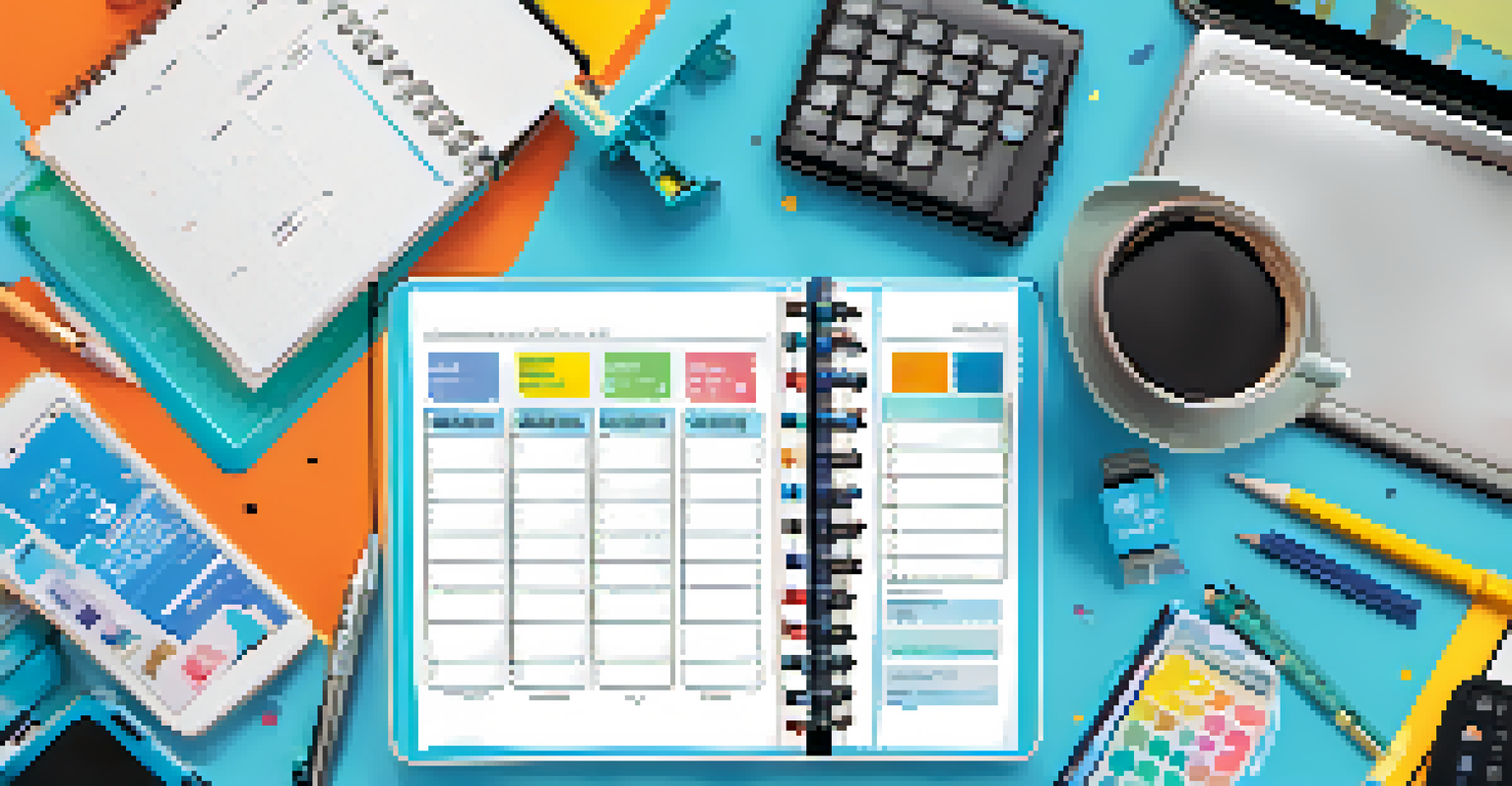A flat lay of digital marketing tools, including a tablet with a content calendar, a smartphone with a social media post, and stationery items, against a light blue background.