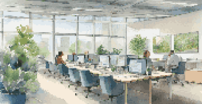 A bright and modern office with employees collaborating around a table, surrounded by plants and colorful artwork.