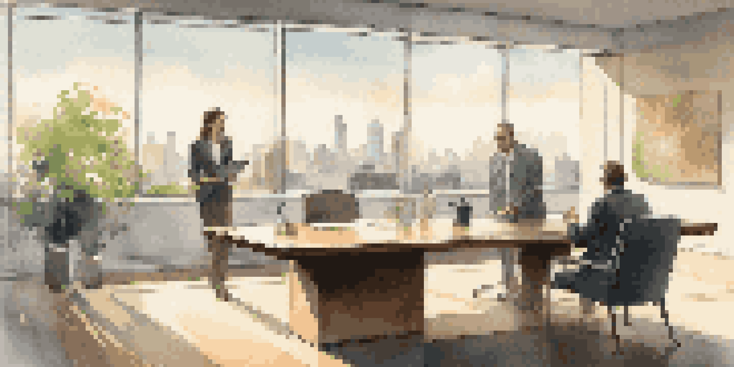 Two professionals in a bright boardroom negotiating, with a view of the city skyline through a large window.