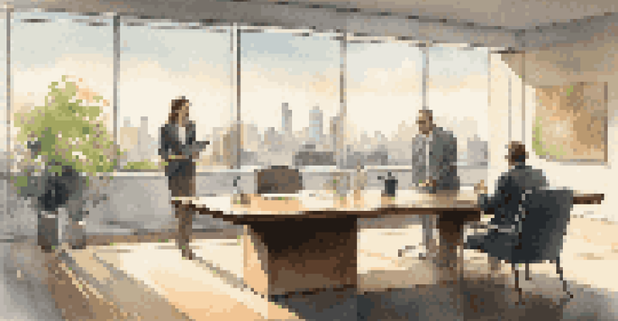 Two professionals in a bright boardroom negotiating, with a view of the city skyline through a large window.