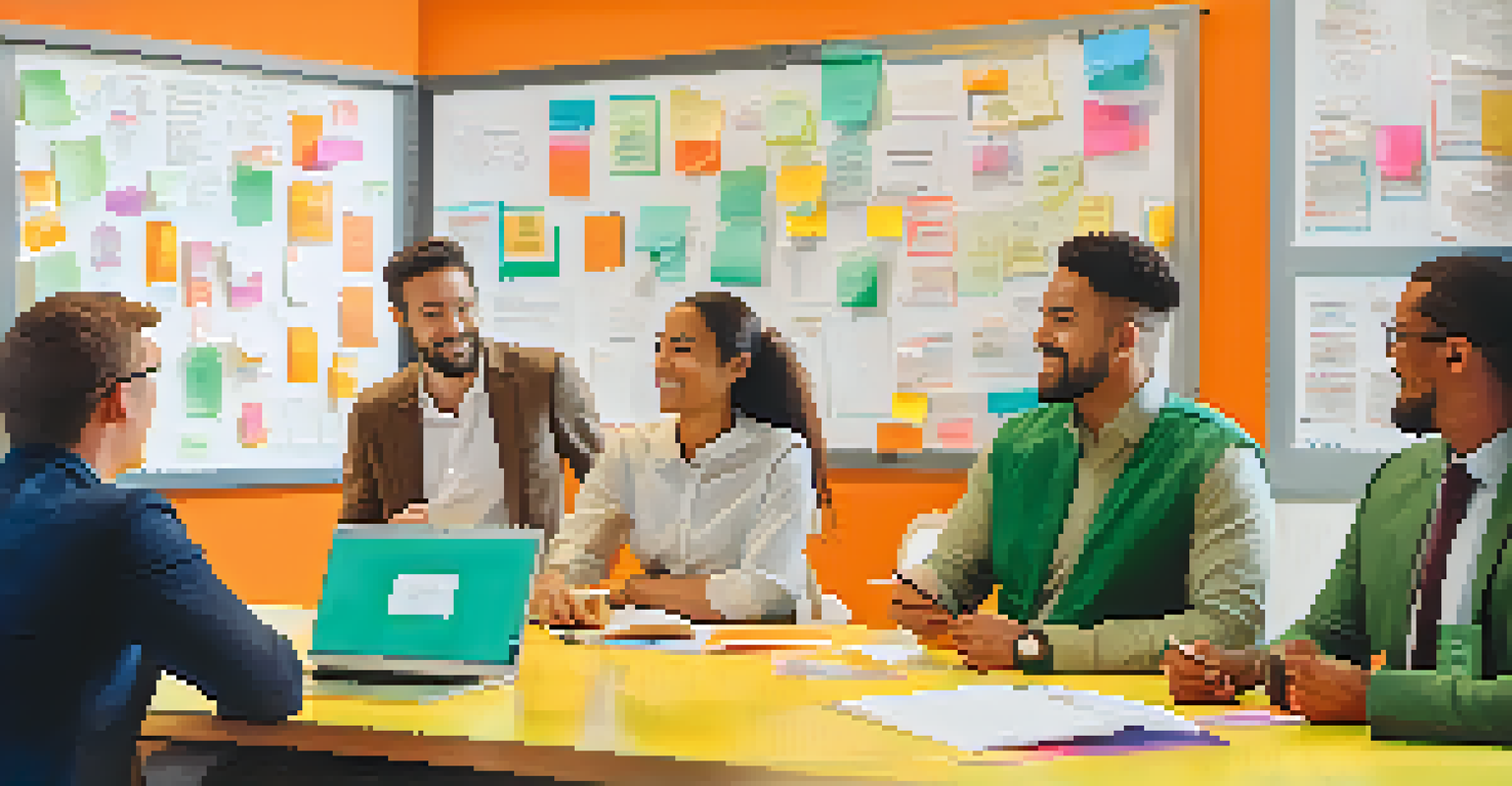 A diverse team brainstorming around a whiteboard with colorful sticky notes, in a bright and inspiring office environment.