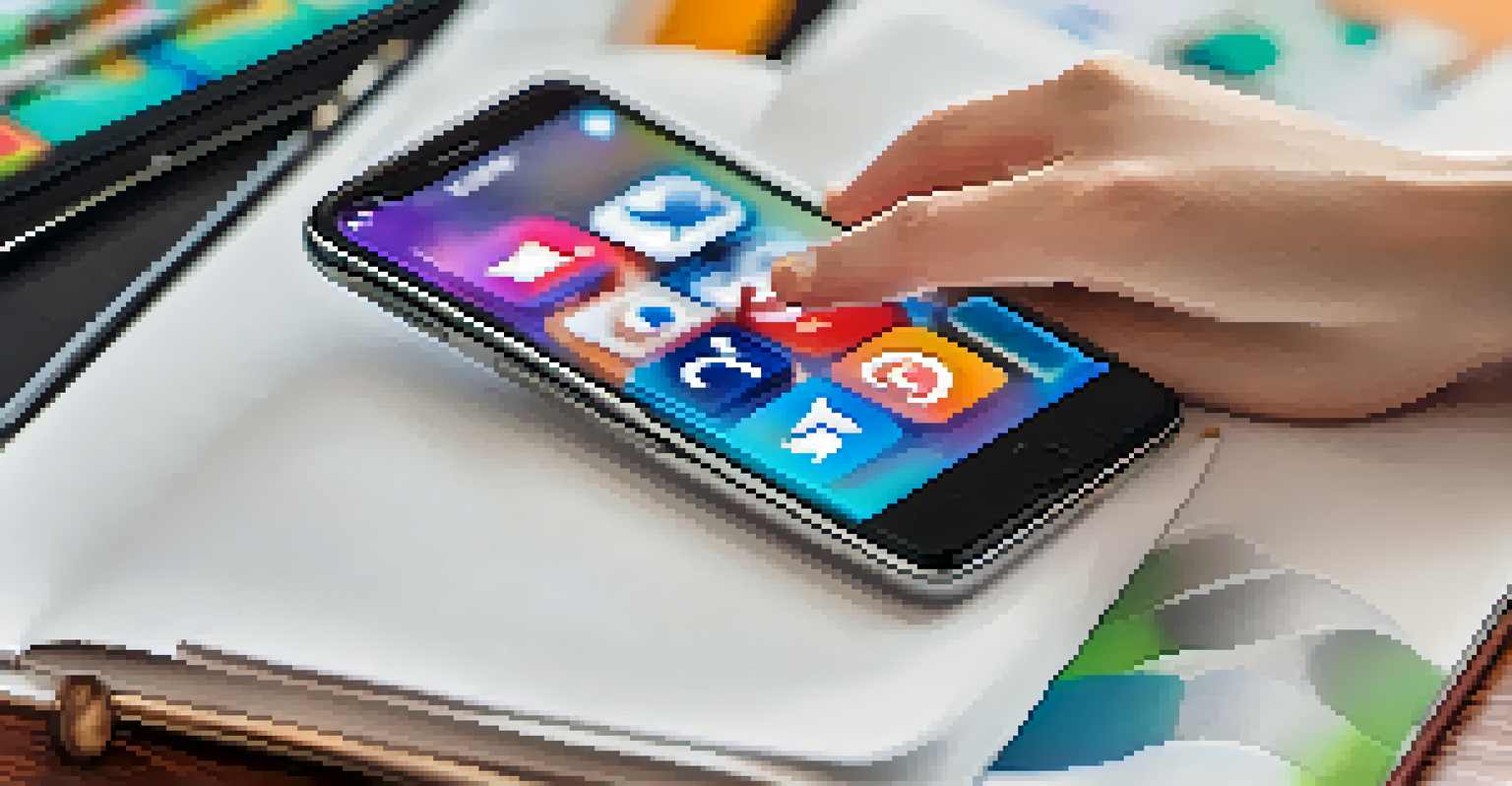 A close-up of a hand with a smartphone showing a colorful social media advertisement against a blurred office background.