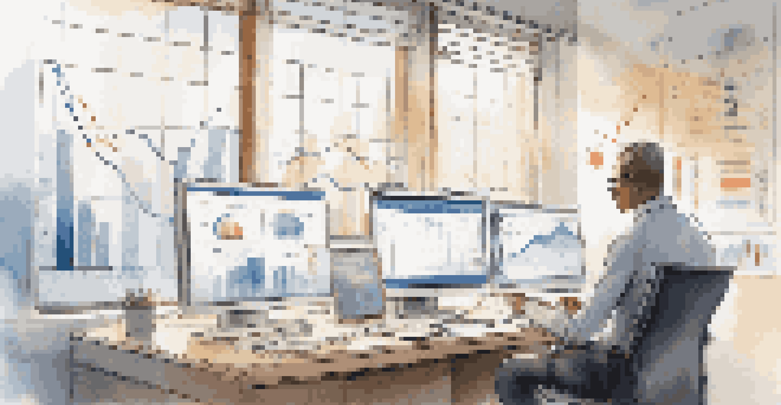 A professional in a serene office analyzing financial metrics on a tablet with charts displayed on a screen.