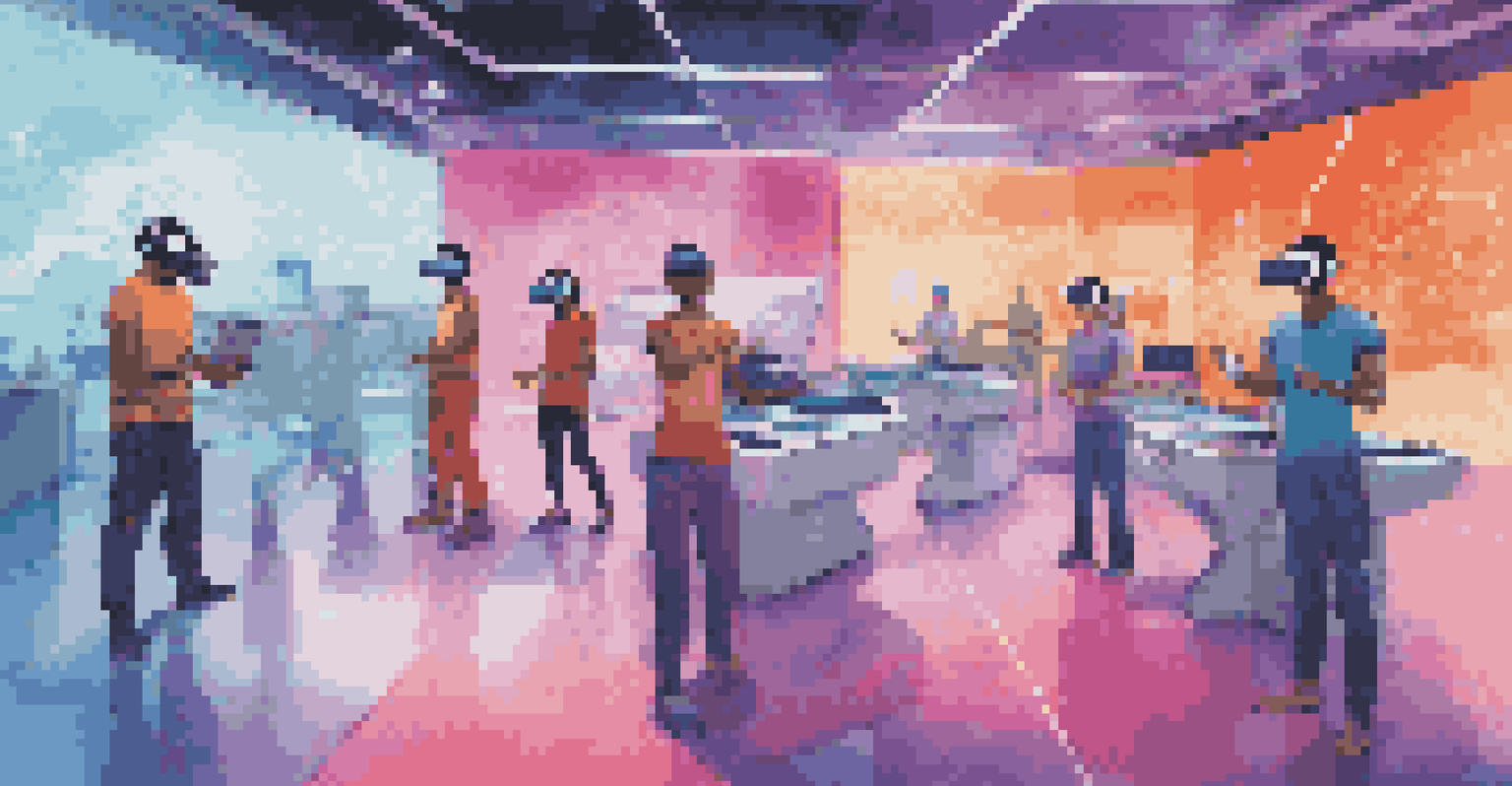 Employees using virtual reality headsets in a futuristic training environment with colorful graphics.