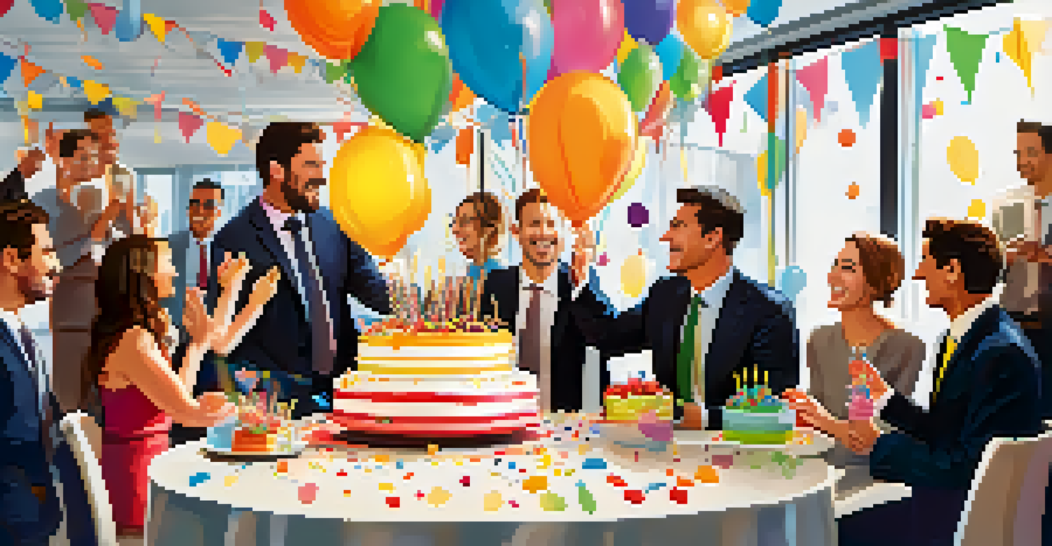 A team celebrates success in a modern office with a cake and balloons, showcasing smiles and a festive atmosphere.