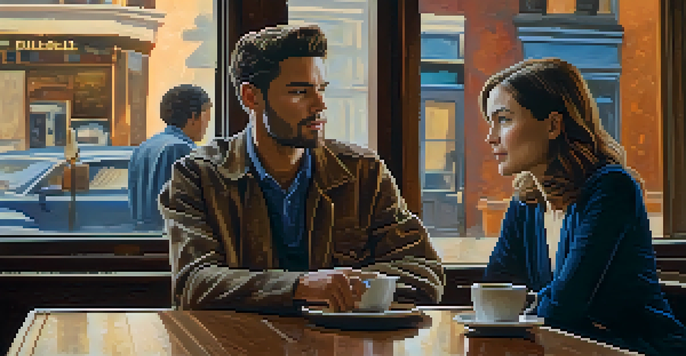 Two people having a conversation in a coffee shop, one listening attentively and nodding.