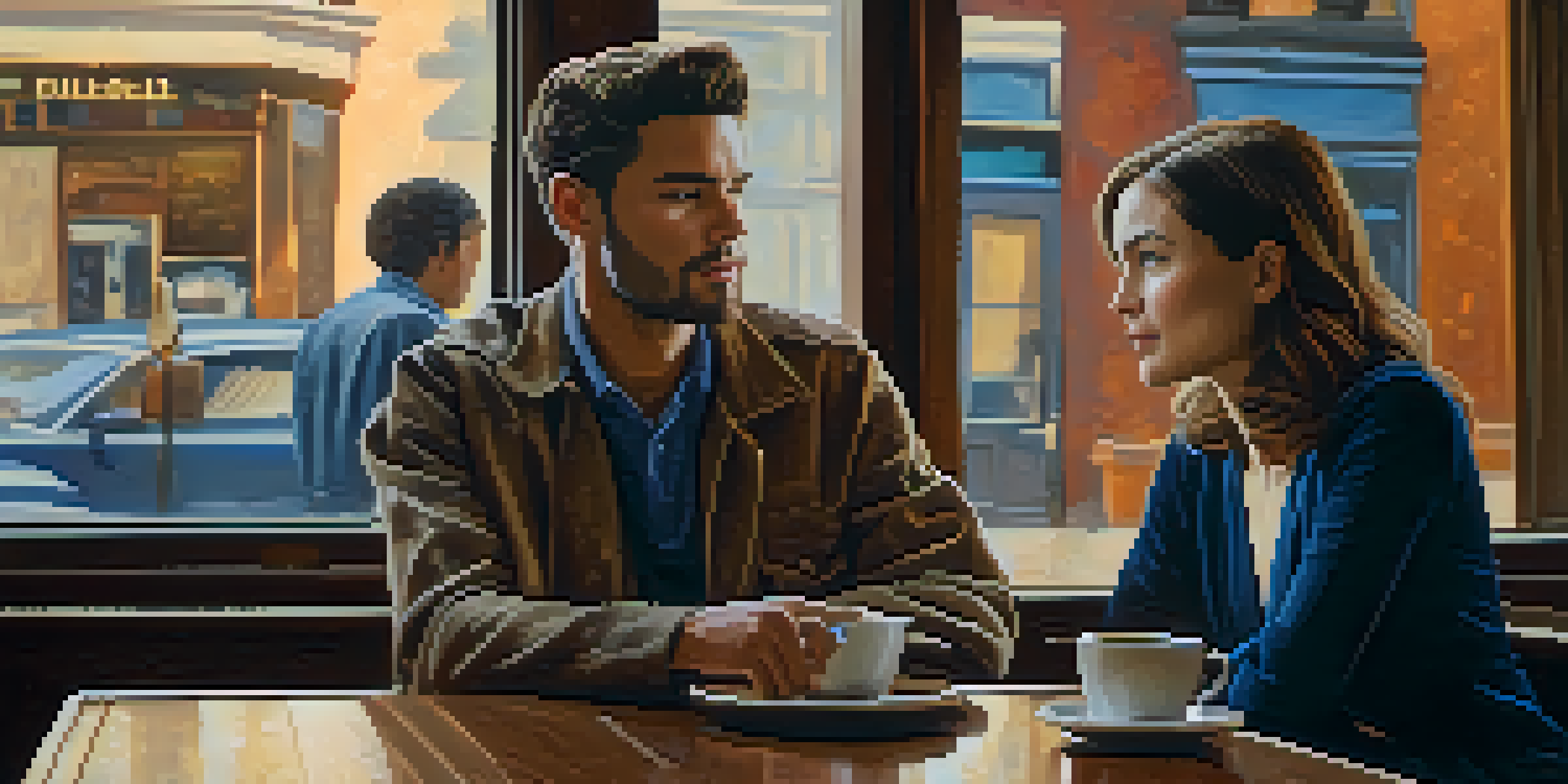 Two people having a conversation in a coffee shop, one listening attentively and nodding.
